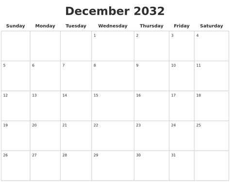 December 2032 Blank Calendar Pages