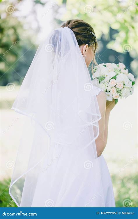 Portrait Of A Beautiful Bride In Veil Photo From The Back Stock Photo
