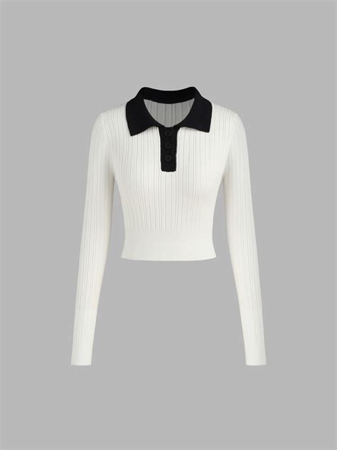 Knit Polo Solid Long Sleeve Crop Top Cider