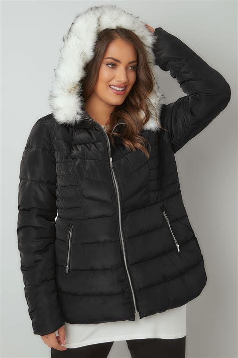 Black Padded Puffer Coat With Hood And Faux Fur Trim Plus Size 16 To 36