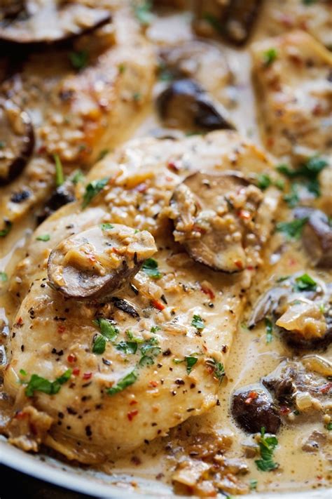 Add the chicken stock, white wine and cream. One Skillet Chicken With Garlicky Mushroom Cream Sauce ...