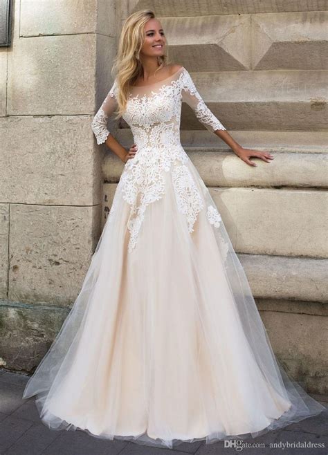 Discount 34 Sleeves Lace Appliqued Champagne Wedding Dress For Bride