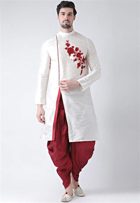 Embroidered Dupion Silk Dhoti Kurta In White Mve2326