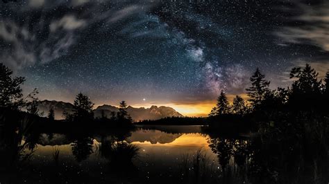 Lake Nature Night Reflection Sky Starry Sky Stars Wallpaper