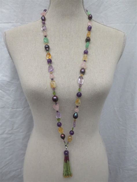 Multi Gemstone Long Lariat Necklace With Semi Precious Bead Tassel