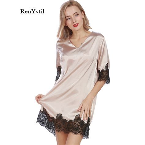Renyvtil Lace Women Nightgowns 2017 Designer Summer Faux Silk Ladies Sexy Dressing Gowns Female