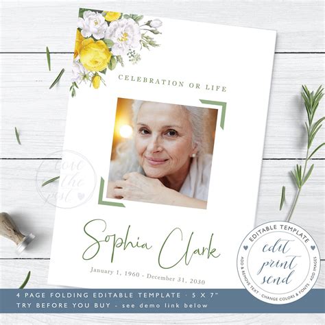 Yellow Roses Funeral Program Template for Woman Celebration - Etsy