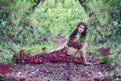 Wallpaper Forest Leaves Women Outdoors Model Flowers Garden