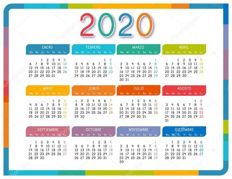 Calendario 2020 En Español Sobre Fondo Blanco Colorido Calendario Año