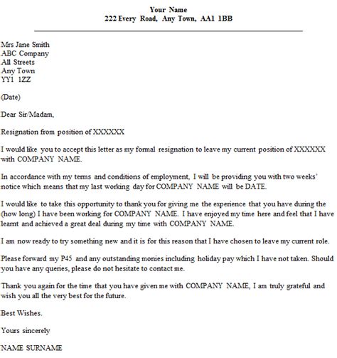 This can be a tricky balance to maintain, but your goal should be to keep things amicable while maintaining your. Formal Resignation Letter Example With Two Weeks' Notice ...