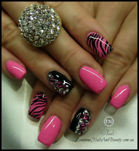 Luminous Nails Hot Pink And Black Nails With Zebra Print And Crystals