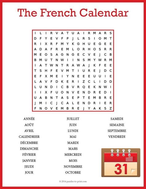 French Calendar Word Search Puzzle Worksheet Activity