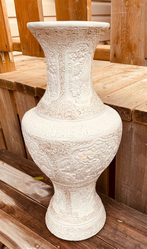 Large Tall White Carved Clay Floor Vase Vintage Etsy Uk