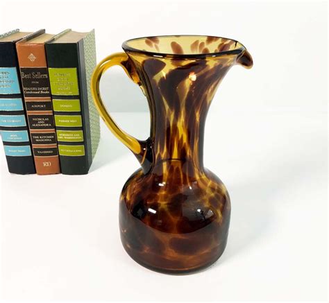 Vintage Handblown Amber Glass Pitcher Mod Mid Century Hand Blown Art Glass Ewer With Handle