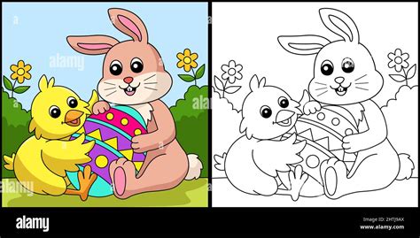 Rabbit And Chick Hugging Easter Egg Illustration Stock Vector Image