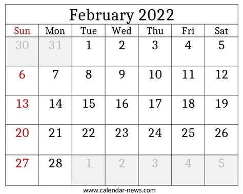 February 2022 Calendar Monthly Template Free Download