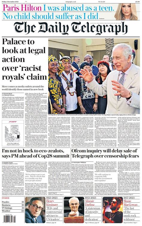 Daily Telegraph Front Page 1st Of December 2023 Tomorrow S Papers Today