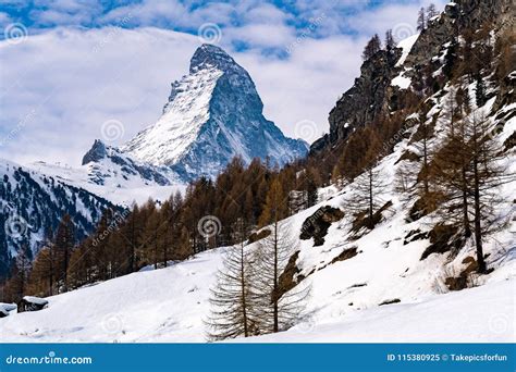 View Of Beautiful Snowy Matterhorn Peak At Zermatt Village Stock Image