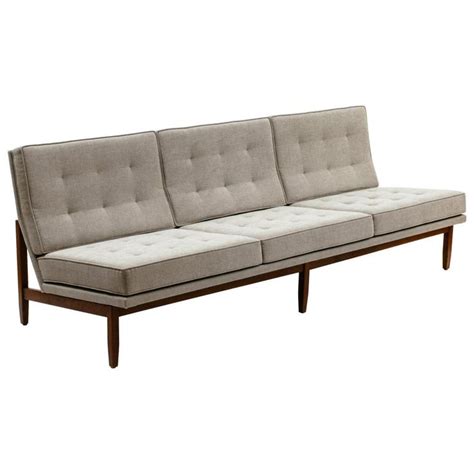Florence Knoll Armless Three Seat Sofa With Walnut Frame And New Gray