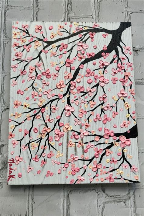Pink Cherry Blossom Tree Painting On Wood Unique Art Impasto Thick
