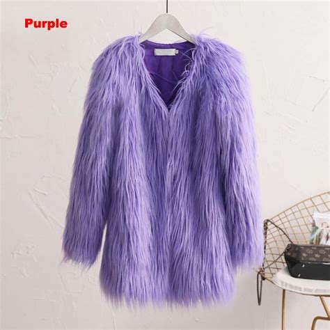 Fluffy Purple Long Faux Fur Coat Women 2018 Autumn Winter Fake Fur
