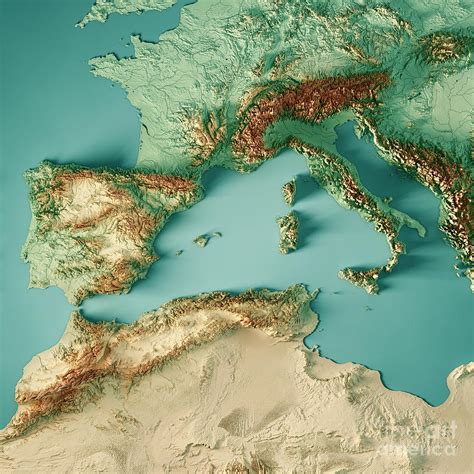 West Mediterranean Sea 3d Render Topographic Map Color Digital Art By
