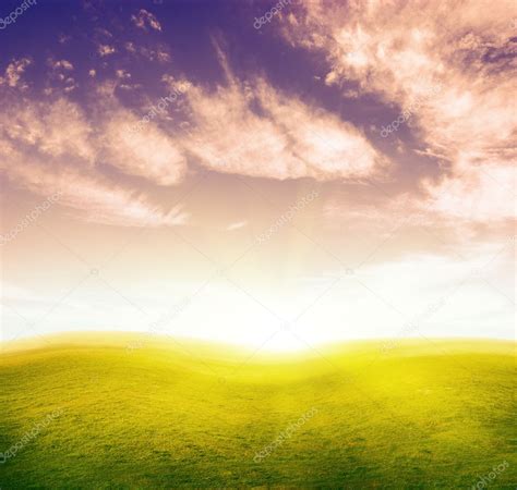 Green Grass Hills Under Colour Cloud Sky — Stock Photo © Logray 4691191