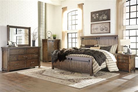 Chic gray bedroom features a gray velvet tufted bed with footboard dressed in black and white. Ashley Lakeleigh 5PC Bedroom Set E King Panel Bed Dresser ...