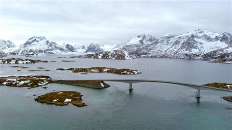 Reine Artic Bridge Norway Winter Aerial 4k Video Lofoten Archipelago