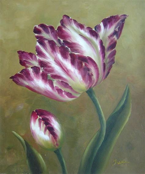 Opening Purple Tulip Floral Oil Painting Flower Naturalism 24 X 20 Inches