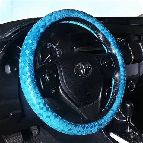 Braided Leather Steering Wheel Cover Blue Carsoda