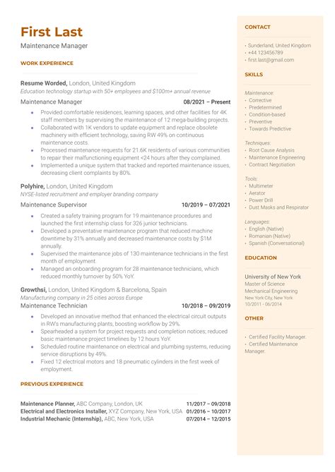 Maintenance Manager Resume Examples For 2024 Resume Worded