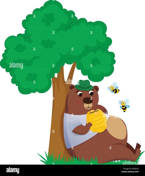 Bear Under The Tree With Bee Hive And Eats Honey Stock Vector Image