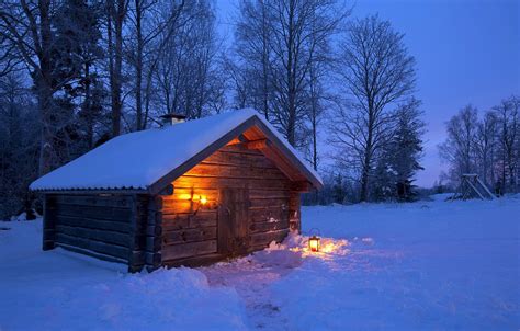 Wallpaper Winter Forest Light Snow Trees Night House