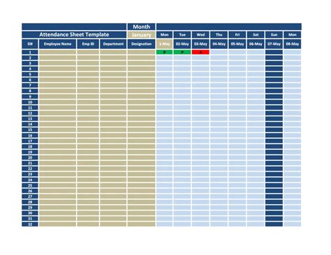 Monthly Attendance Sheet Template Excel For Employee Pdf Template