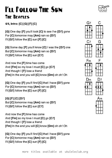 Ukulelechords.fm is a free ukulele chord finder with thousands of chords for soprano and concert ukulele (tuned gcea). Ukulele chords - I'll Follow the Sun by The Beatles