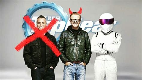 Three Men Standing Next To Each Other In Front Of A Sign That Says Top Gear