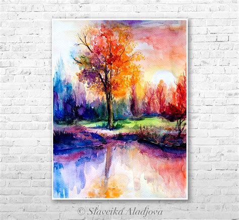 Coucher De Soleil Paysage Aquarelle Peinture Impression Par Watercolor