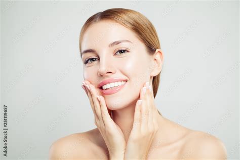 Cheerful Model Girl Pretty Woman Face Closeup Clear Skin Cute Smile Stock Photo Adobe Stock