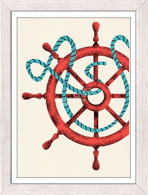 vintage ship wheel nautical print poster sea life tools print original design illustration