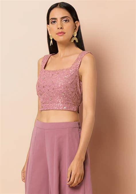 Buy Women Pink Embroidered Square Neck Crop Top Exclusive Deals Indya