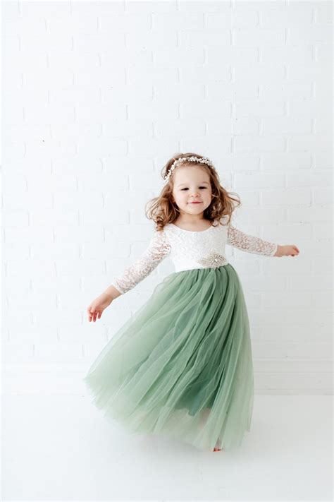 dusty sage long sleeve wedding gown white lace flower girl etsy sage flower girl dress