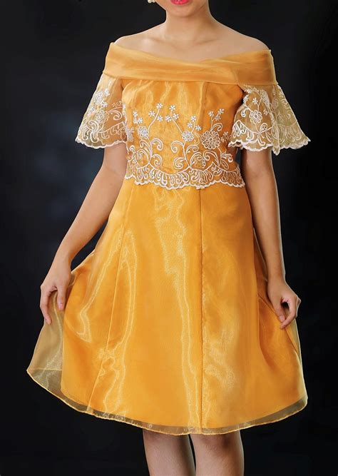 Filipiniana Off Shoulder Organza Dress Gold Handmade