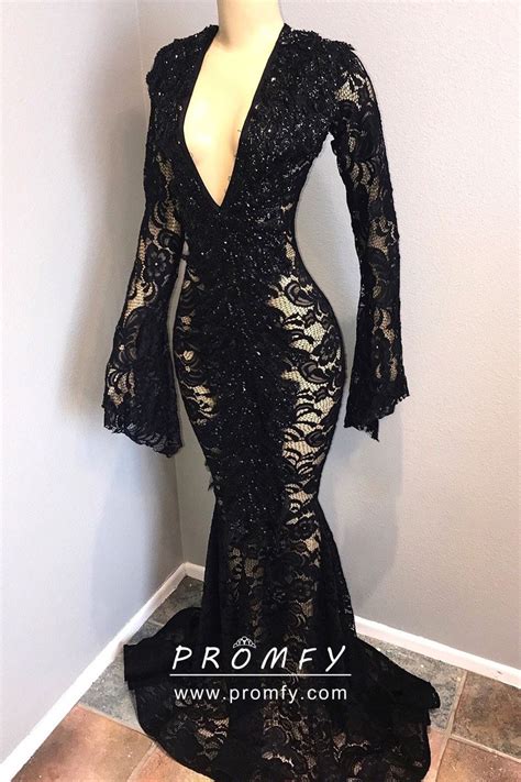 Floral Black See Through Lace Mermaid Prom Dress Promfy
