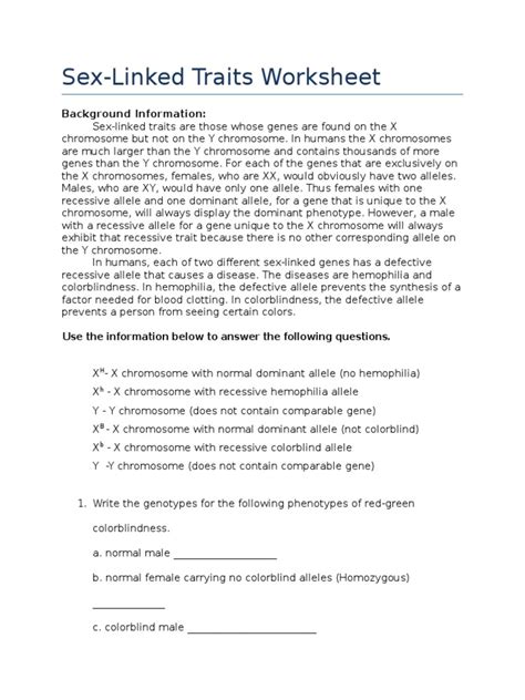 Sex Linked Traits Worksheet 2015doc Allele Dominance Genetics