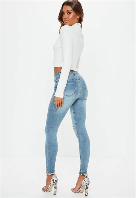 Blue Sinner High Waisted Ripped Skinny Jeans Missguided Ireland