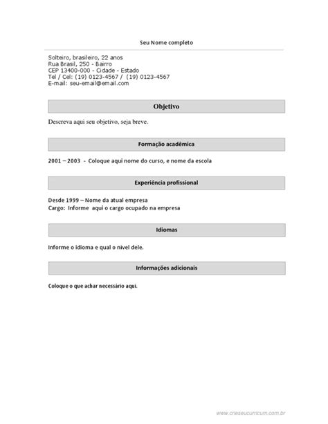 Modelo Curriculum Vitae Simples Formatado Pdf