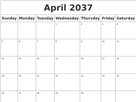 April 2037 Blank Calendar