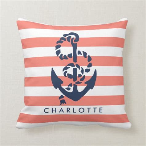 Personalize it with photos & text or purchase as is! Nautical Coral Stripe & Navy Anchor Personalized Throw Pillow | Zazzle.com