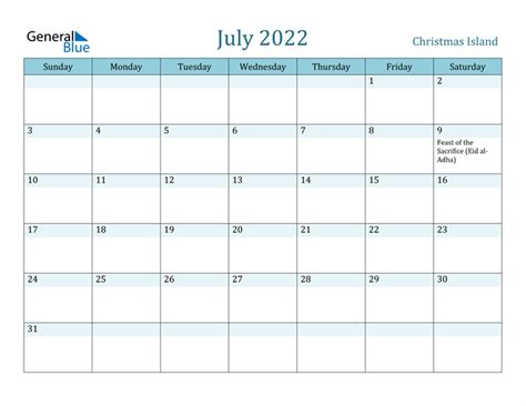 Christmas Island July 2022 Calendar With Holidays